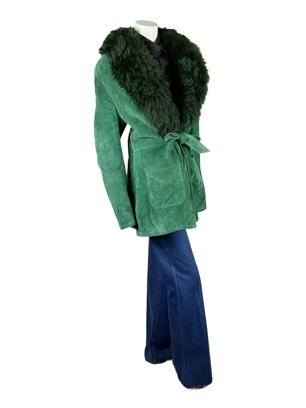 VTG 60S 70S GREEN SUEDE TIE FRONT PLUNGING BOHO HIPPY SHEARLING COAT 16