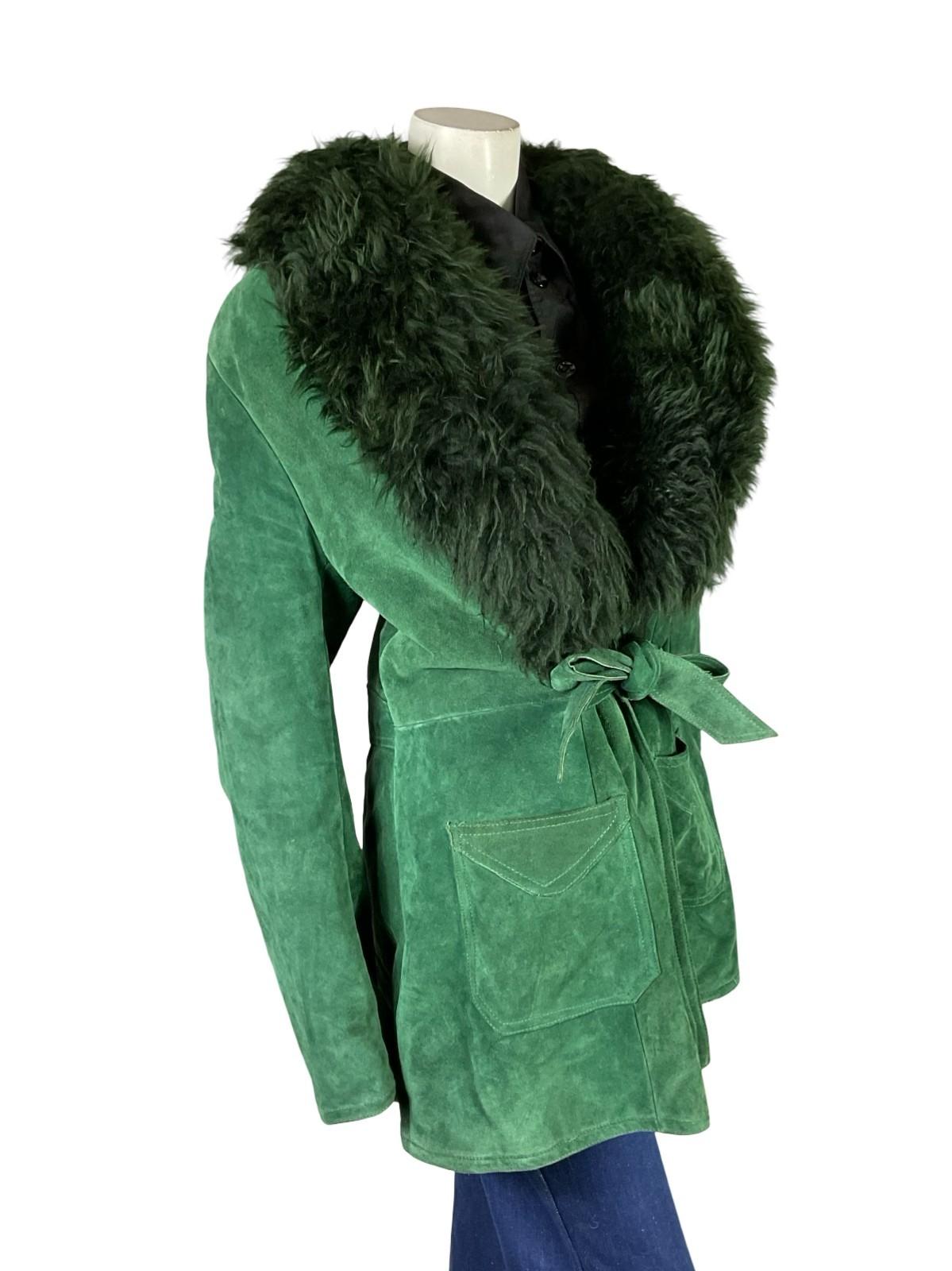 VTG 60S 70S GREEN SUEDE TIE FRONT PLUNGING BOHO HIPPY SHEARLING COAT 16