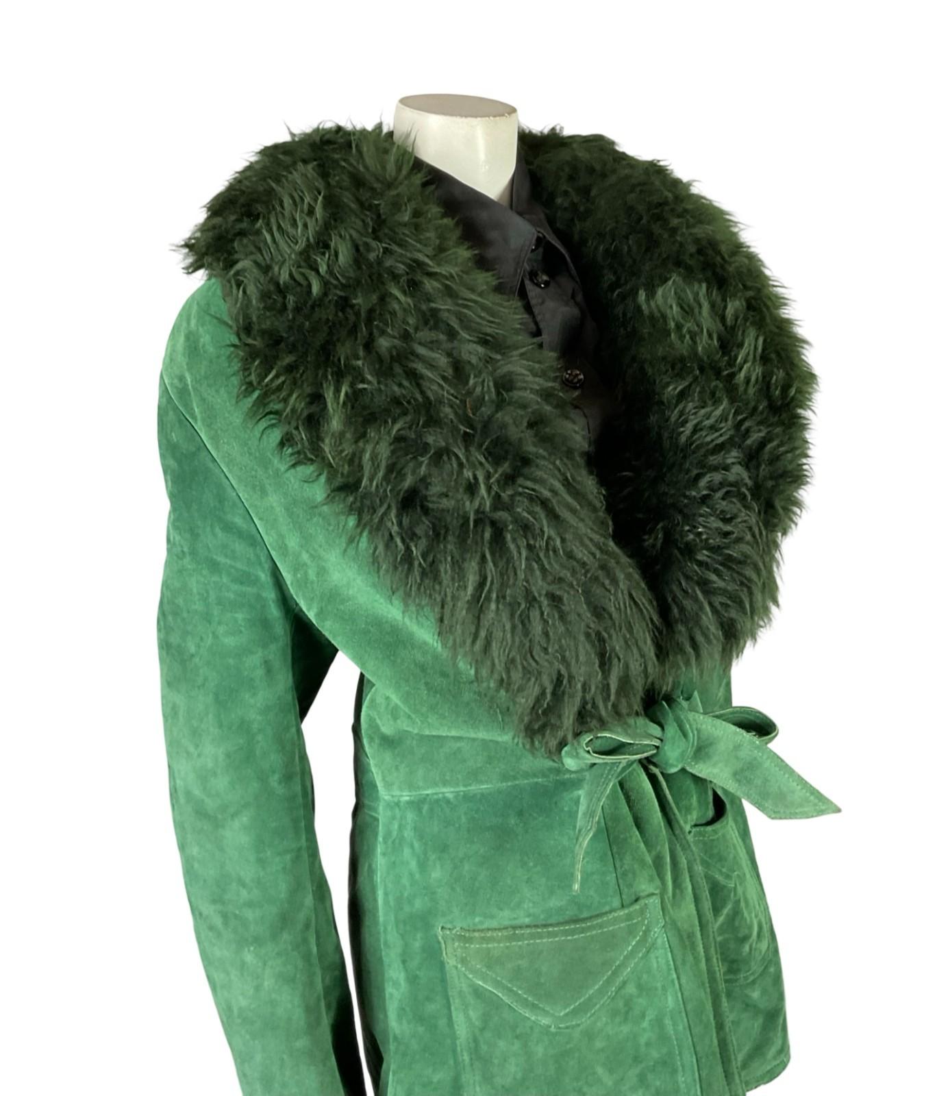 VTG 60S 70S GREEN SUEDE TIE FRONT PLUNGING BOHO HIPPY SHEARLING COAT 16