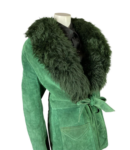VTG 60S 70S GREEN SUEDE TIE FRONT PLUNGING BOHO HIPPY SHEARLING COAT 16