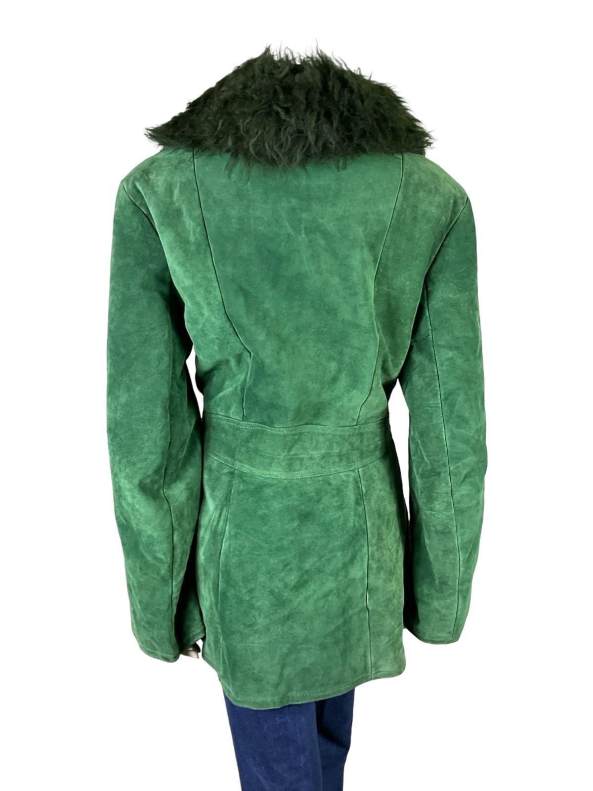 VTG 60S 70S GREEN SUEDE TIE FRONT PLUNGING BOHO HIPPY SHEARLING COAT 16