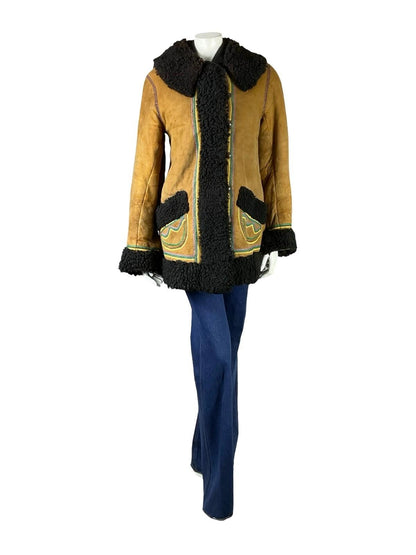 VTG 60S 70S BROWN PINK BLUE GREEN BOHO EMBROIDERED RAINBOW SHEARLING COAT 12