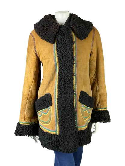 VTG 60S 70S BROWN PINK BLUE GREEN BOHO EMBROIDERED RAINBOW SHEARLING COAT 12