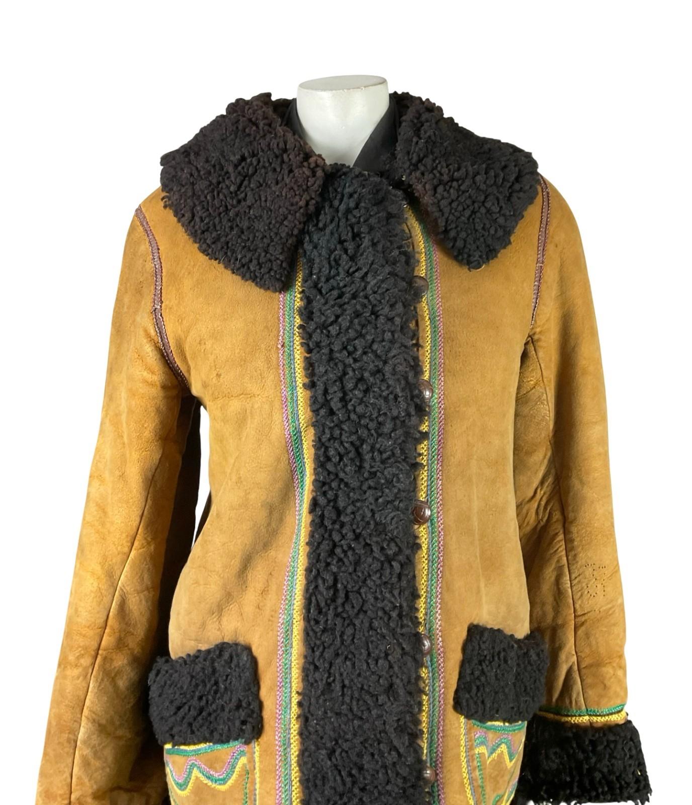 VTG 60S 70S BROWN PINK BLUE GREEN BOHO EMBROIDERED RAINBOW SHEARLING COAT 12