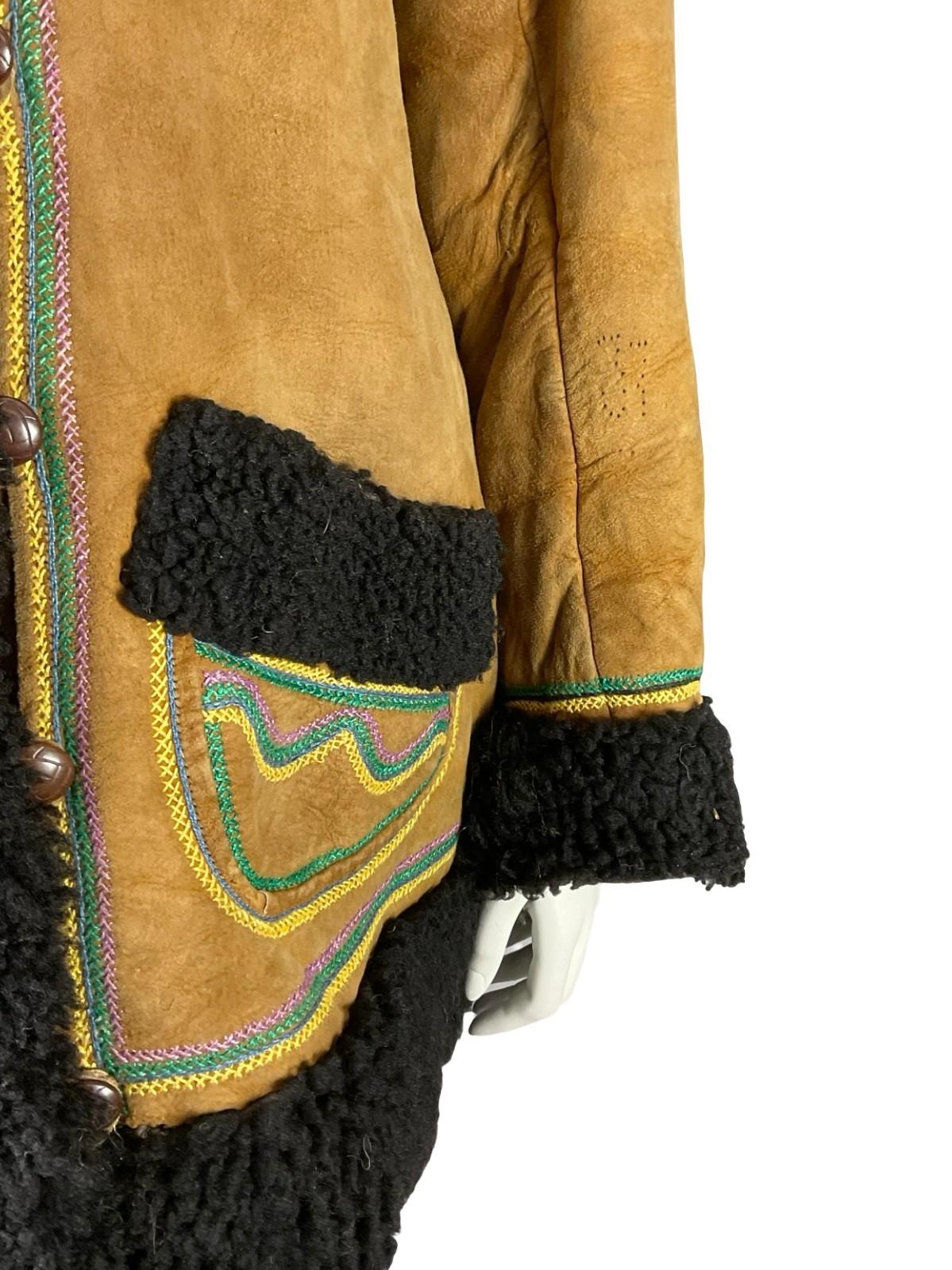 VTG 60S 70S BROWN PINK BLUE GREEN BOHO EMBROIDERED RAINBOW SHEARLING COAT 12