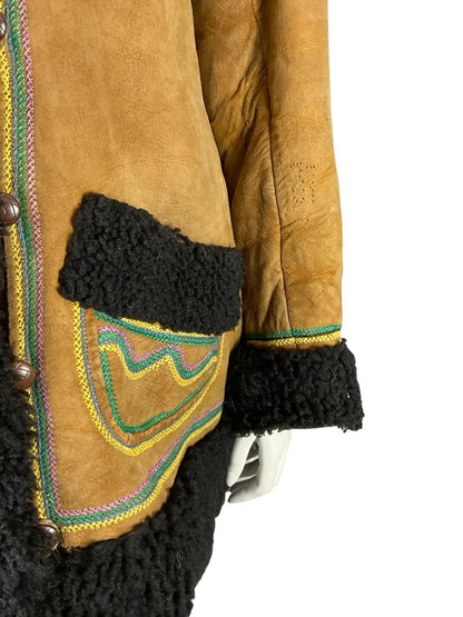 VTG 60S 70S BROWN PINK BLUE GREEN BOHO EMBROIDERED RAINBOW SHEARLING COAT 12