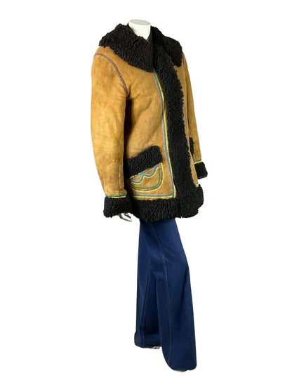 VTG 60S 70S BROWN PINK BLUE GREEN BOHO EMBROIDERED RAINBOW SHEARLING COAT 12