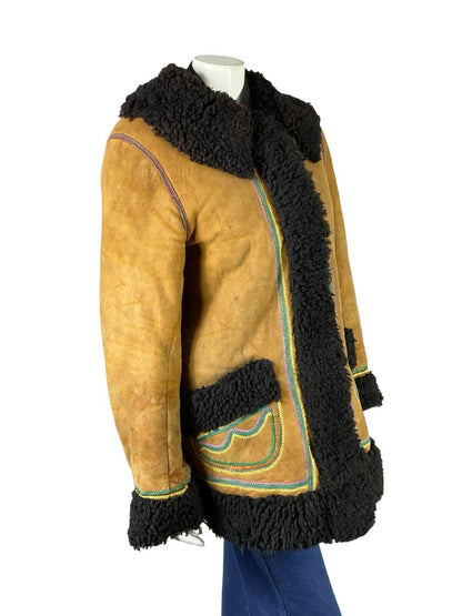 VTG 60S 70S BROWN PINK BLUE GREEN BOHO EMBROIDERED RAINBOW SHEARLING COAT 12