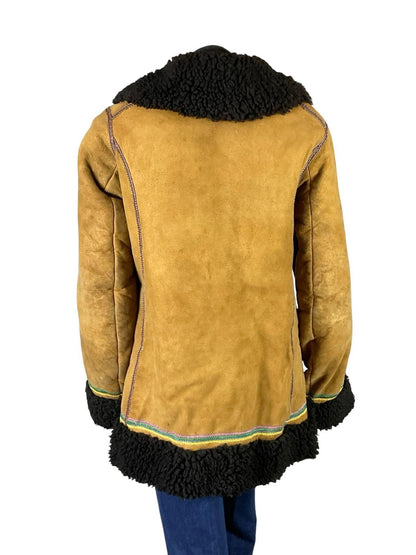 VTG 60S 70S BROWN PINK BLUE GREEN BOHO EMBROIDERED RAINBOW SHEARLING COAT 12