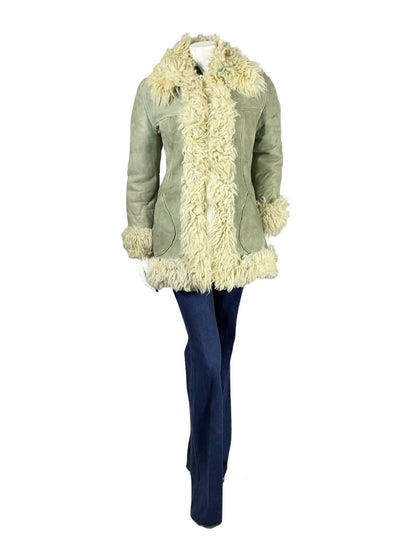 VTG 60S 70S GREY CREAM SUEDE ZIP UP SHEARLING PENNY LANE AFGHAN COAT 12