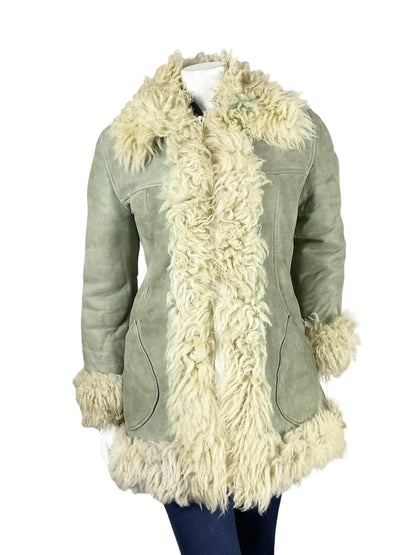 VTG 60S 70S GREY CREAM SUEDE ZIP UP SHEARLING PENNY LANE AFGHAN COAT 12