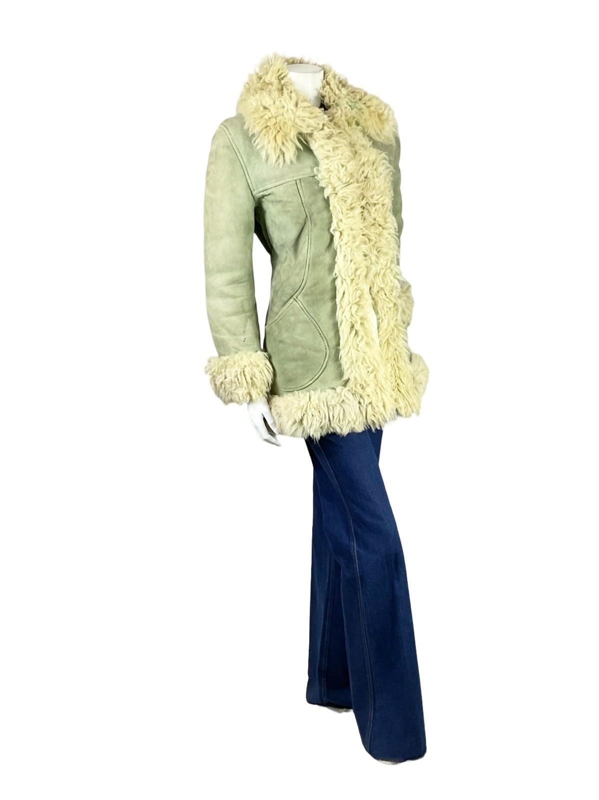 VTG 60S 70S GREY CREAM SUEDE ZIP UP SHEARLING PENNY LANE AFGHAN COAT 12