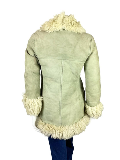 VTG 60S 70S GREY CREAM SUEDE ZIP UP SHEARLING PENNY LANE AFGHAN COAT 12