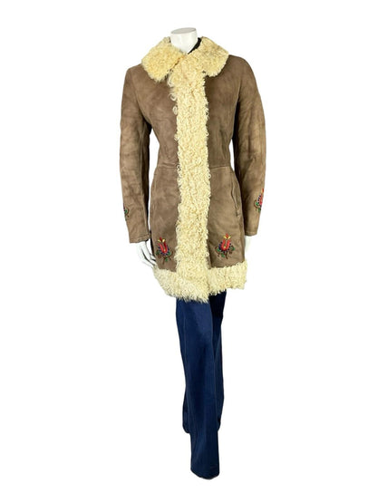 VTG 60S 70S BROWN SUEDE SHEARLING RED GREEN FOLK FLORAL PENNY LANE COAT 12 14 M