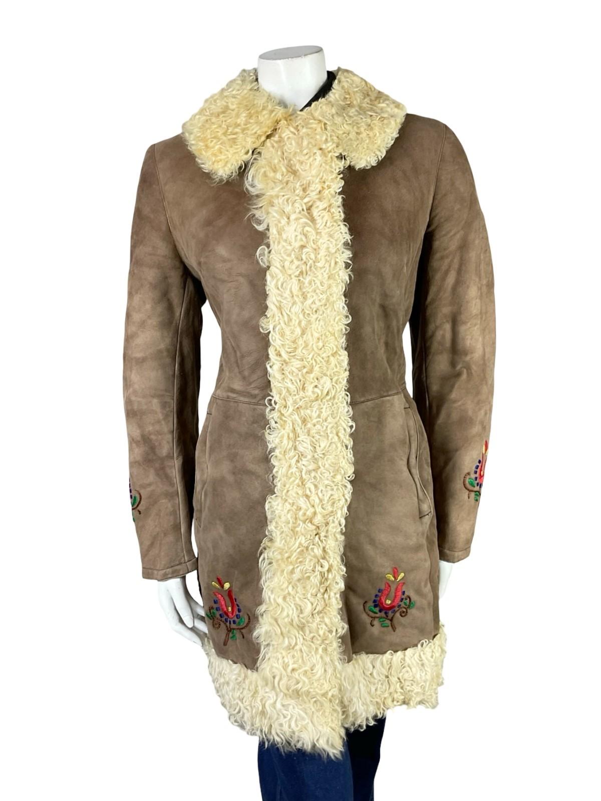 VTG 60S 70S BROWN SUEDE SHEARLING RED GREEN FOLK FLORAL PENNY LANE COAT 12 14 M