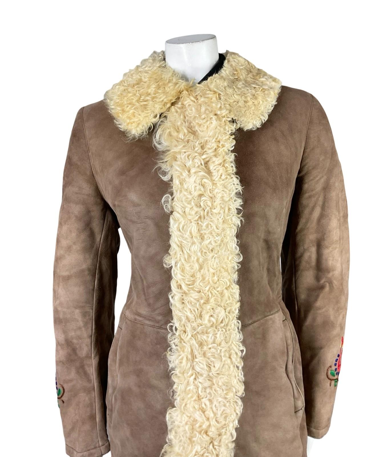 VTG 60S 70S BROWN SUEDE SHEARLING RED GREEN FOLK FLORAL PENNY LANE COAT 12 14 M