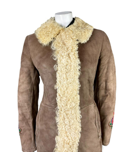 VTG 60S 70S BROWN SUEDE SHEARLING RED GREEN FOLK FLORAL PENNY LANE COAT 12 14 M