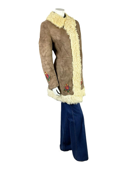 VTG 60S 70S BROWN SUEDE SHEARLING RED GREEN FOLK FLORAL PENNY LANE COAT 12 14 M