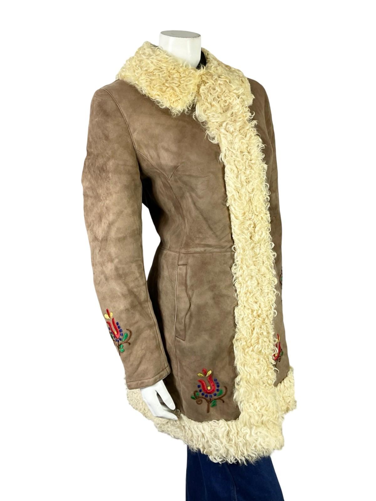 VTG 60S 70S BROWN SUEDE SHEARLING RED GREEN FOLK FLORAL PENNY LANE COAT 12 14 M