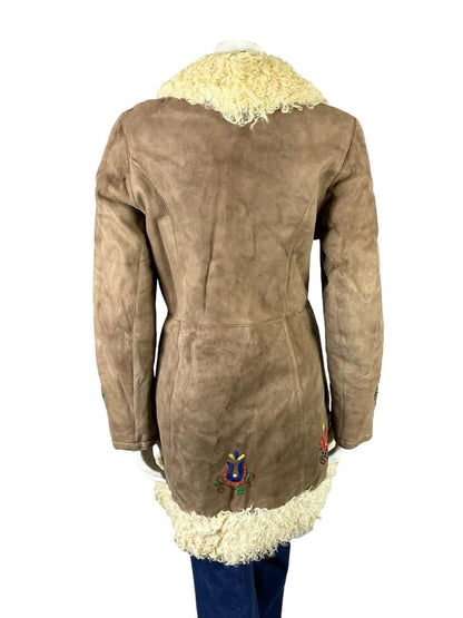 VTG 60S 70S BROWN SUEDE SHEARLING RED GREEN FOLK FLORAL PENNY LANE COAT 12 14 M