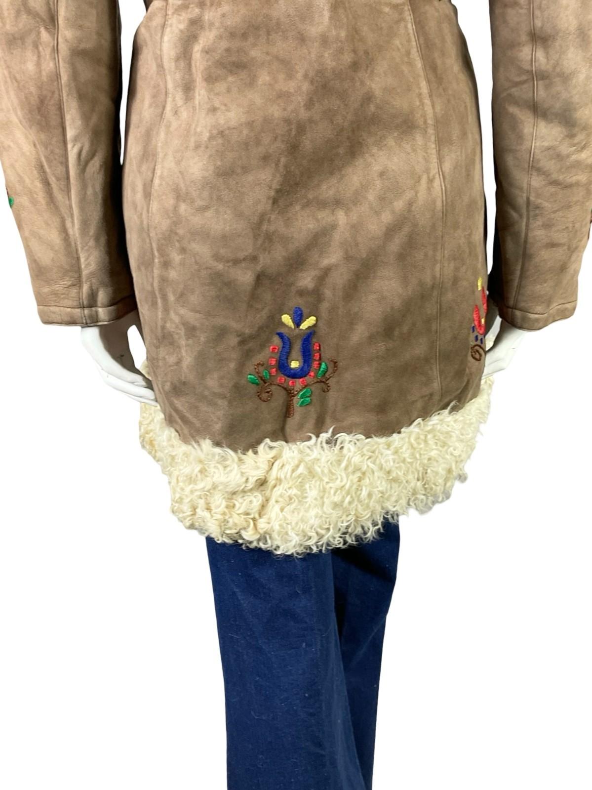 VTG 60S 70S BROWN SUEDE SHEARLING RED GREEN FOLK FLORAL PENNY LANE COAT 12 14 M