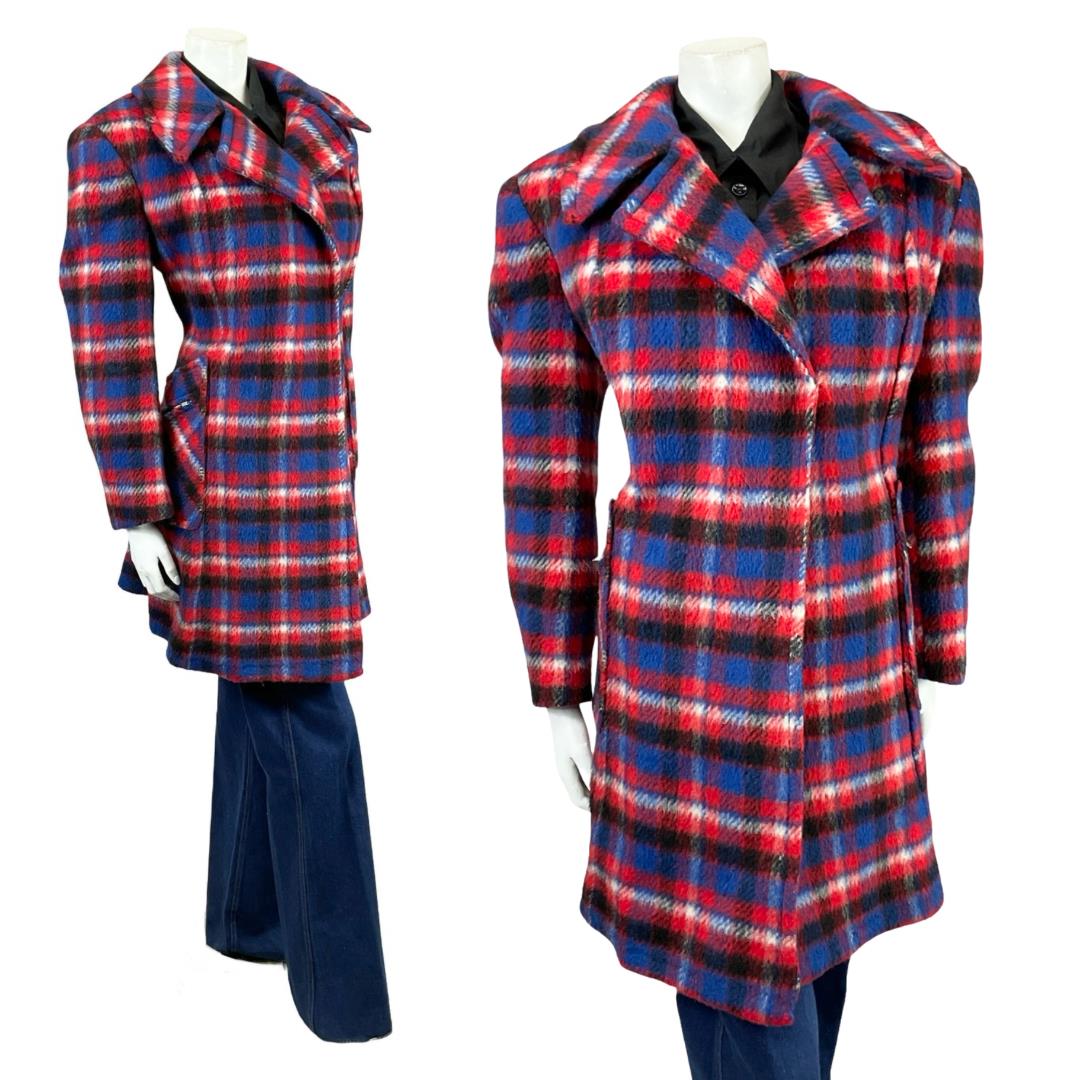 Shrinking Violets vintage 60s 70s red blue plaid wool mod coat on a white mannequin wearing blue flared jeans 