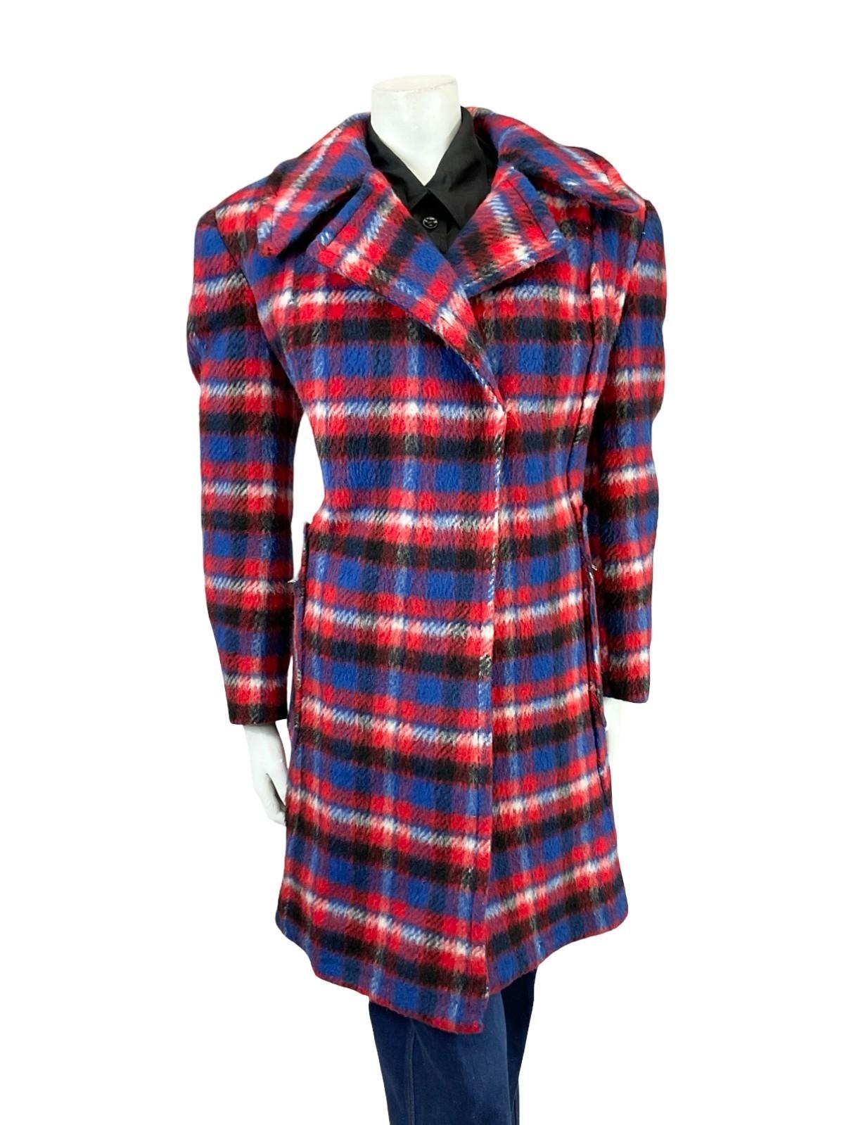 VTG 60S 70S RED BLUE BLACK WHITE PLAID TARTAN MOD NOTCH LAPEL COAT 18