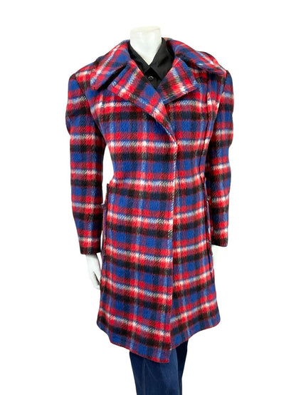 VTG 60S 70S RED BLUE BLACK WHITE PLAID TARTAN MOD NOTCH LAPEL COAT 18