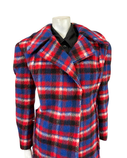 VTG 60S 70S RED BLUE BLACK WHITE PLAID TARTAN MOD NOTCH LAPEL COAT 18