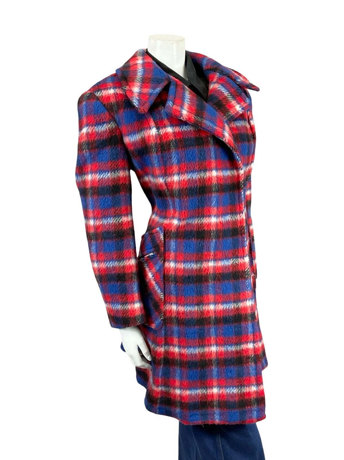 VTG 60S 70S RED BLUE BLACK WHITE PLAID TARTAN MOD NOTCH LAPEL COAT 18