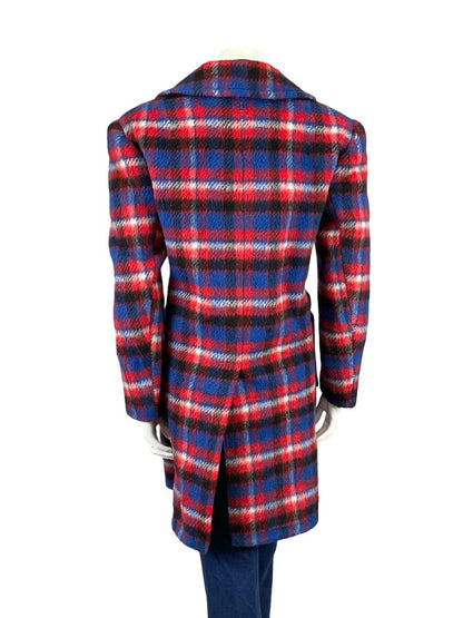 VTG 60S 70S RED BLUE BLACK WHITE PLAID TARTAN MOD NOTCH LAPEL COAT 18