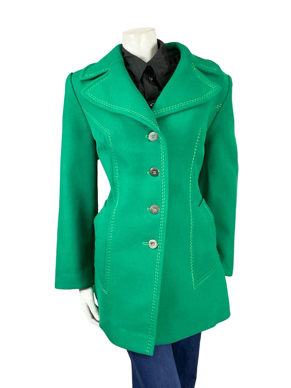 VTG 60S 70S GREEN WOOL MOD CONTRAST STITCHING NOTCH LAPEL COLLAR COAT 14