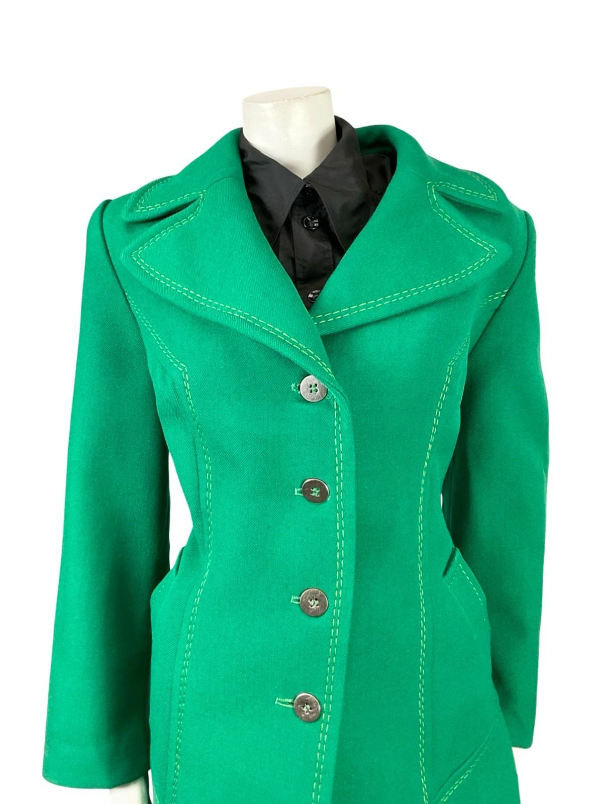 VTG 60S 70S GREEN WOOL MOD CONTRAST STITCHING NOTCH LAPEL COLLAR COAT 14