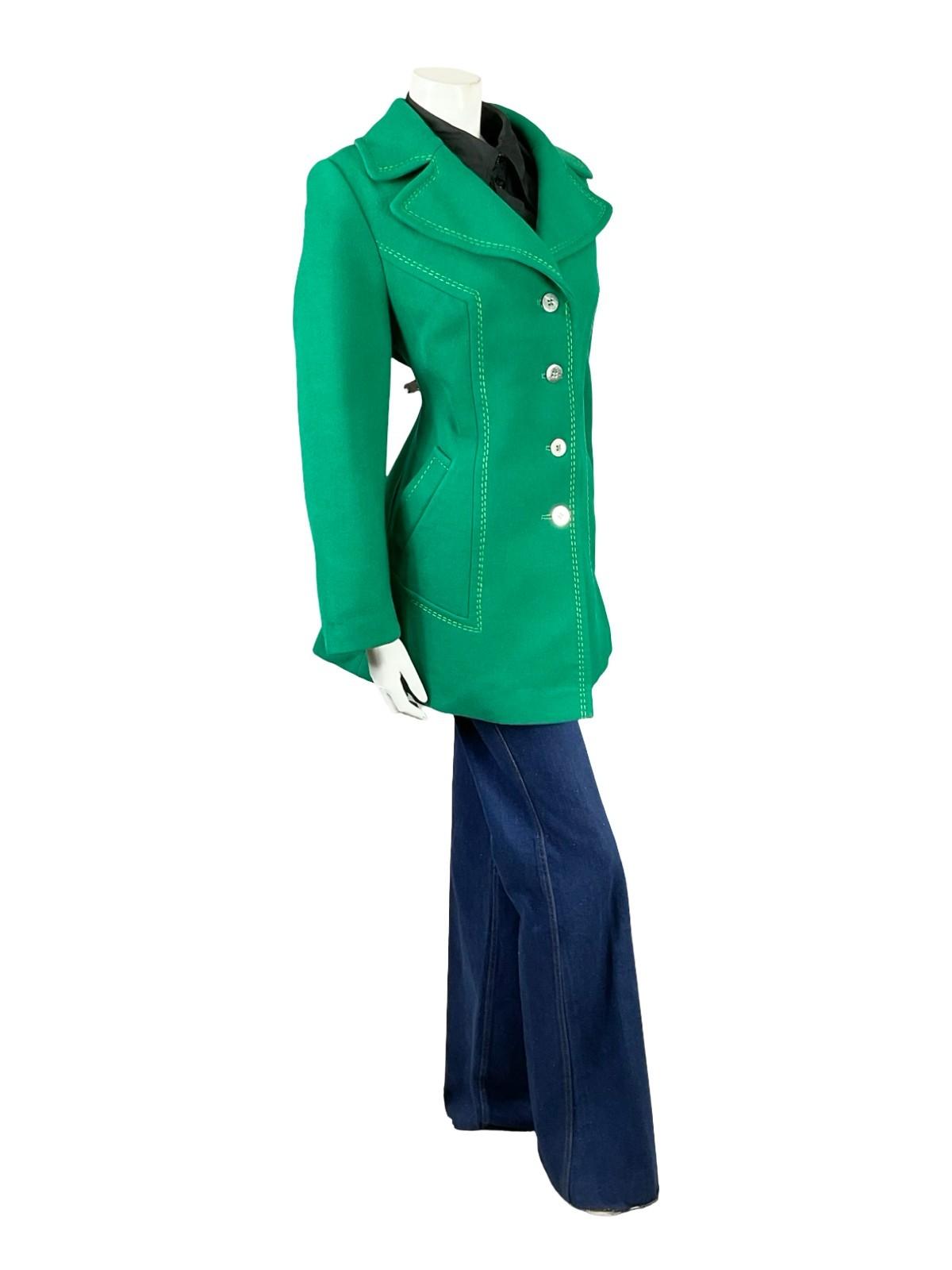 VTG 60S 70S GREEN WOOL MOD CONTRAST STITCHING NOTCH LAPEL COLLAR COAT 14