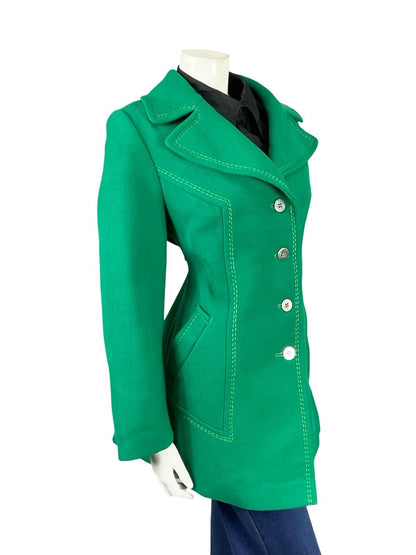 VTG 60S 70S GREEN WOOL MOD CONTRAST STITCHING NOTCH LAPEL COLLAR COAT 14