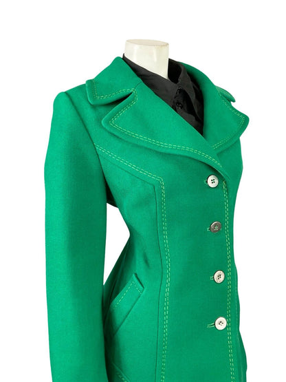VTG 60S 70S GREEN WOOL MOD CONTRAST STITCHING NOTCH LAPEL COLLAR COAT 14
