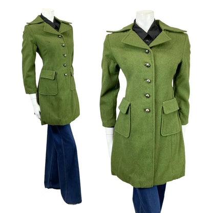 Shrinking Violets Vintage 60s 70s mossy green wool mod coat with dagger collar on a white mannequin wearing blue flared jeans