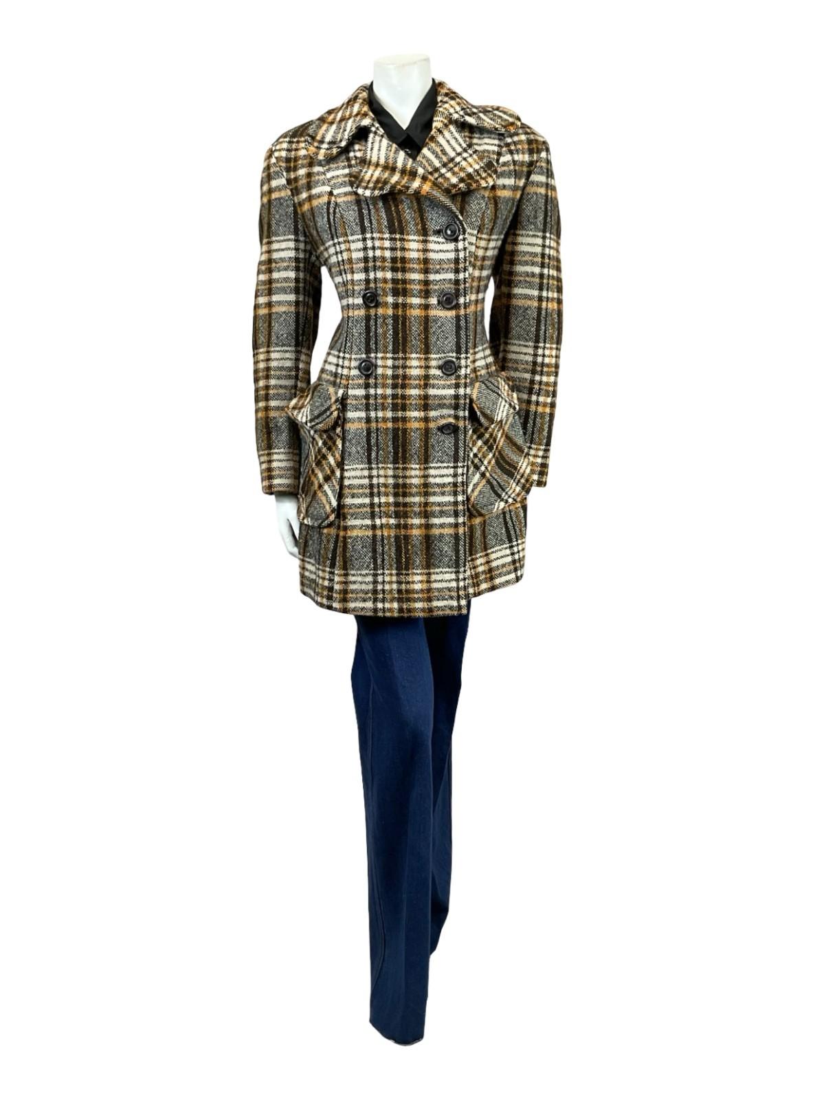 VTG 60S 70S BEIGE BROWN CREAM DOG EAR NOTCH LAPEL DOUBLE BREAST WOOL COAT 16