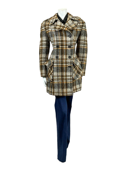 VTG 60S 70S BEIGE BROWN CREAM DOG EAR NOTCH LAPEL DOUBLE BREAST WOOL COAT 16