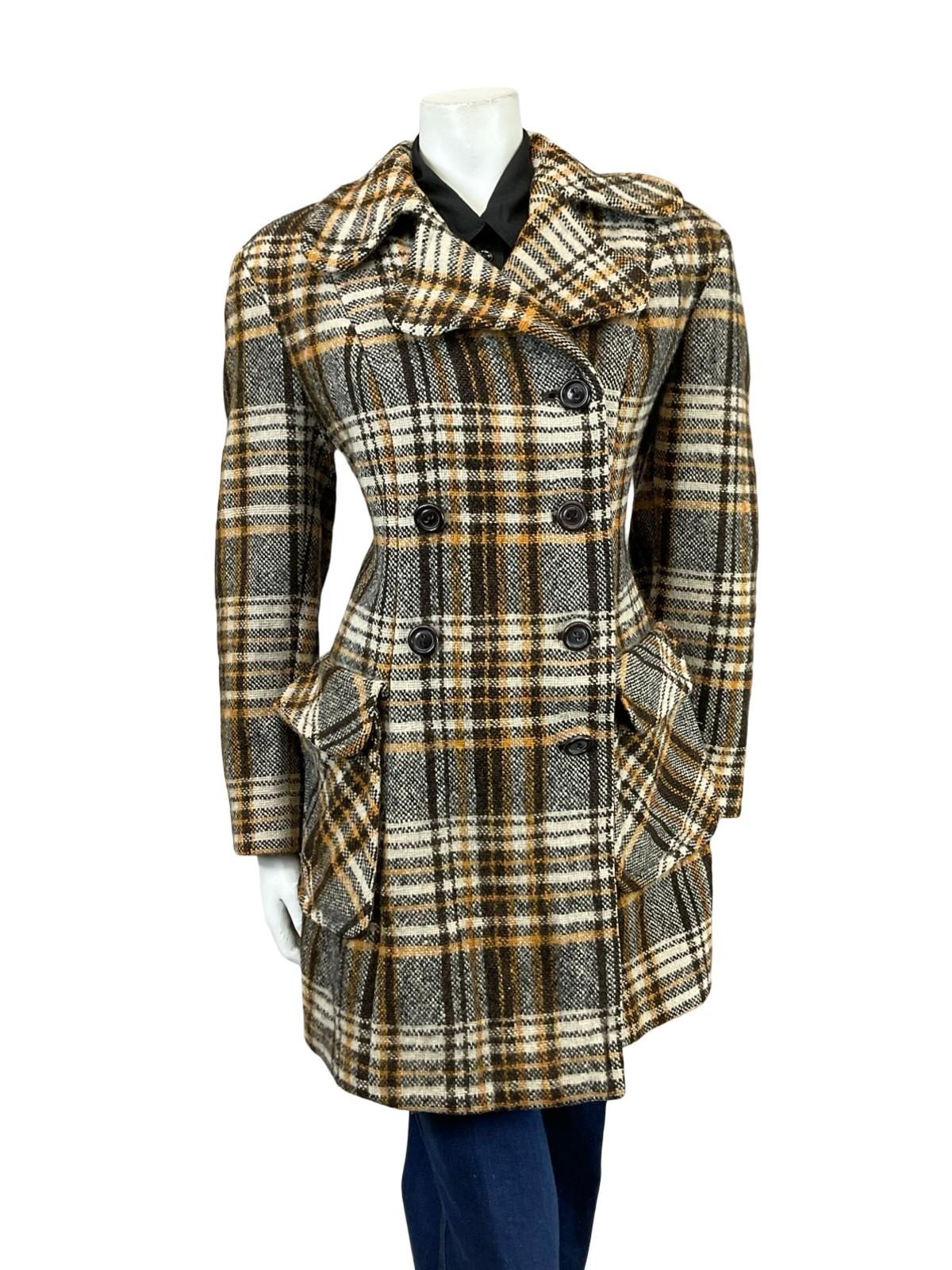 VTG 60S 70S BEIGE BROWN CREAM DOG EAR NOTCH LAPEL DOUBLE BREAST WOOL COAT 16