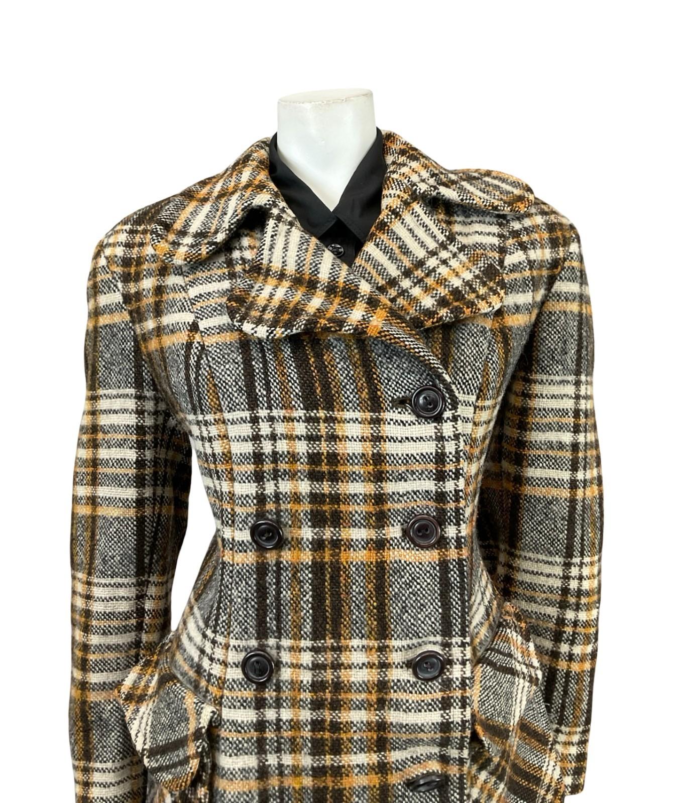 VTG 60S 70S BEIGE BROWN CREAM DOG EAR NOTCH LAPEL DOUBLE BREAST WOOL COAT 16