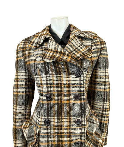 VTG 60S 70S BEIGE BROWN CREAM DOG EAR NOTCH LAPEL DOUBLE BREAST WOOL COAT 16