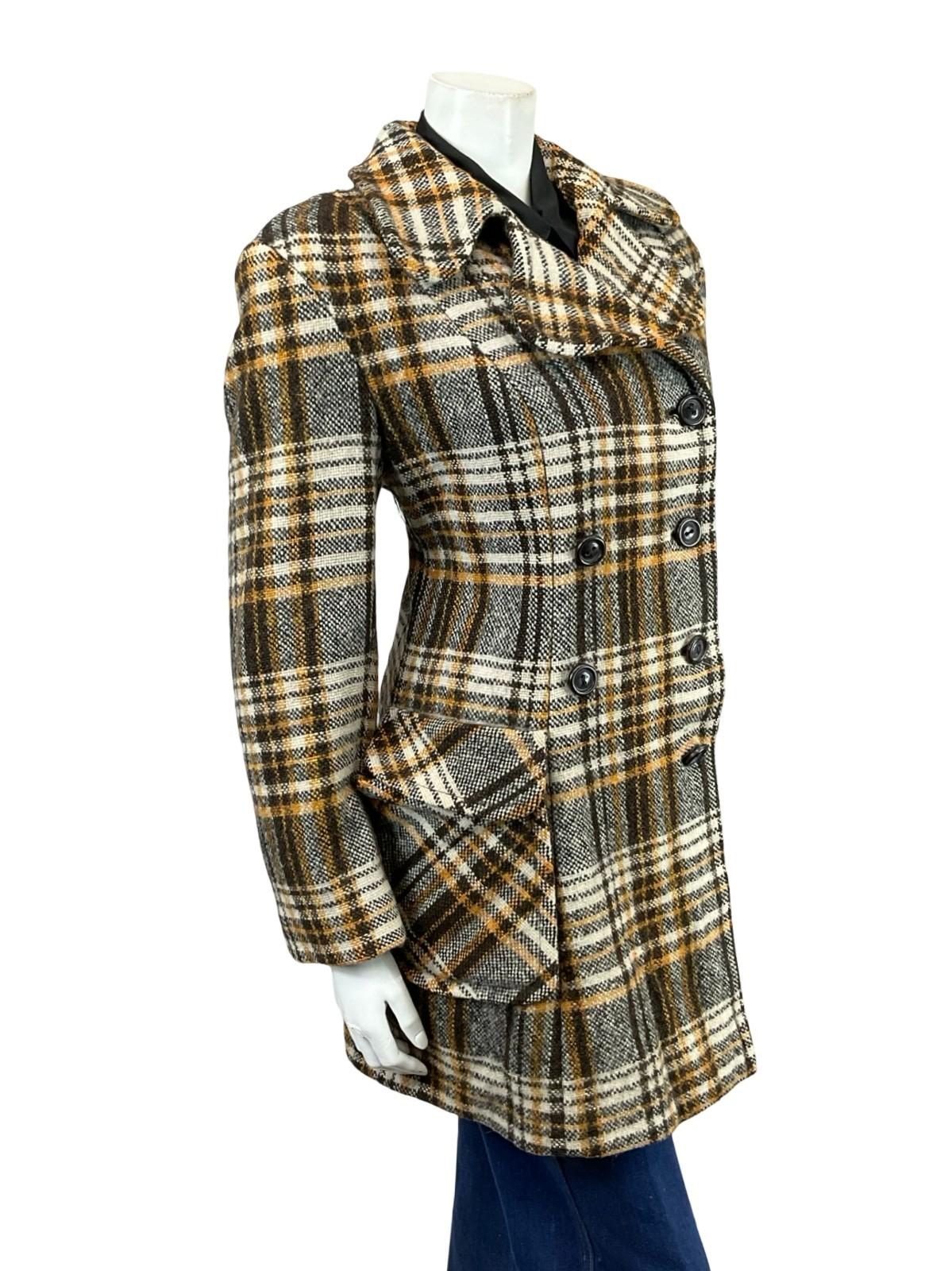 VTG 60S 70S BEIGE BROWN CREAM DOG EAR NOTCH LAPEL DOUBLE BREAST WOOL COAT 16