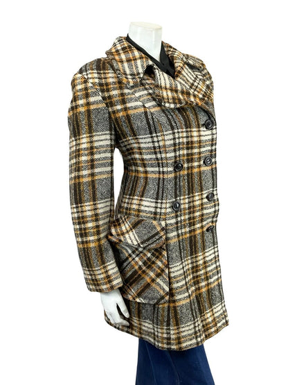 VTG 60S 70S BEIGE BROWN CREAM DOG EAR NOTCH LAPEL DOUBLE BREAST WOOL COAT 16