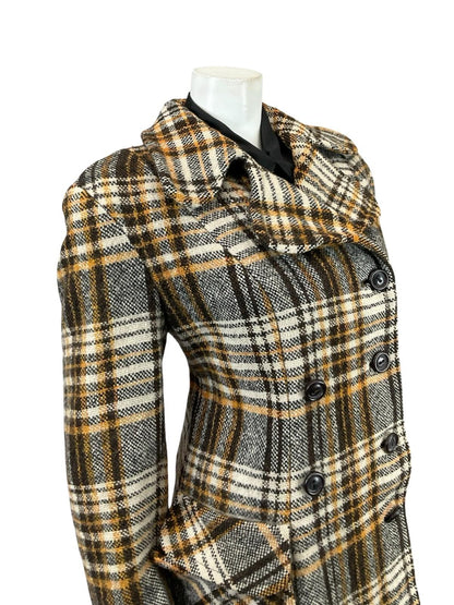 VTG 60S 70S BEIGE BROWN CREAM DOG EAR NOTCH LAPEL DOUBLE BREAST WOOL COAT 16