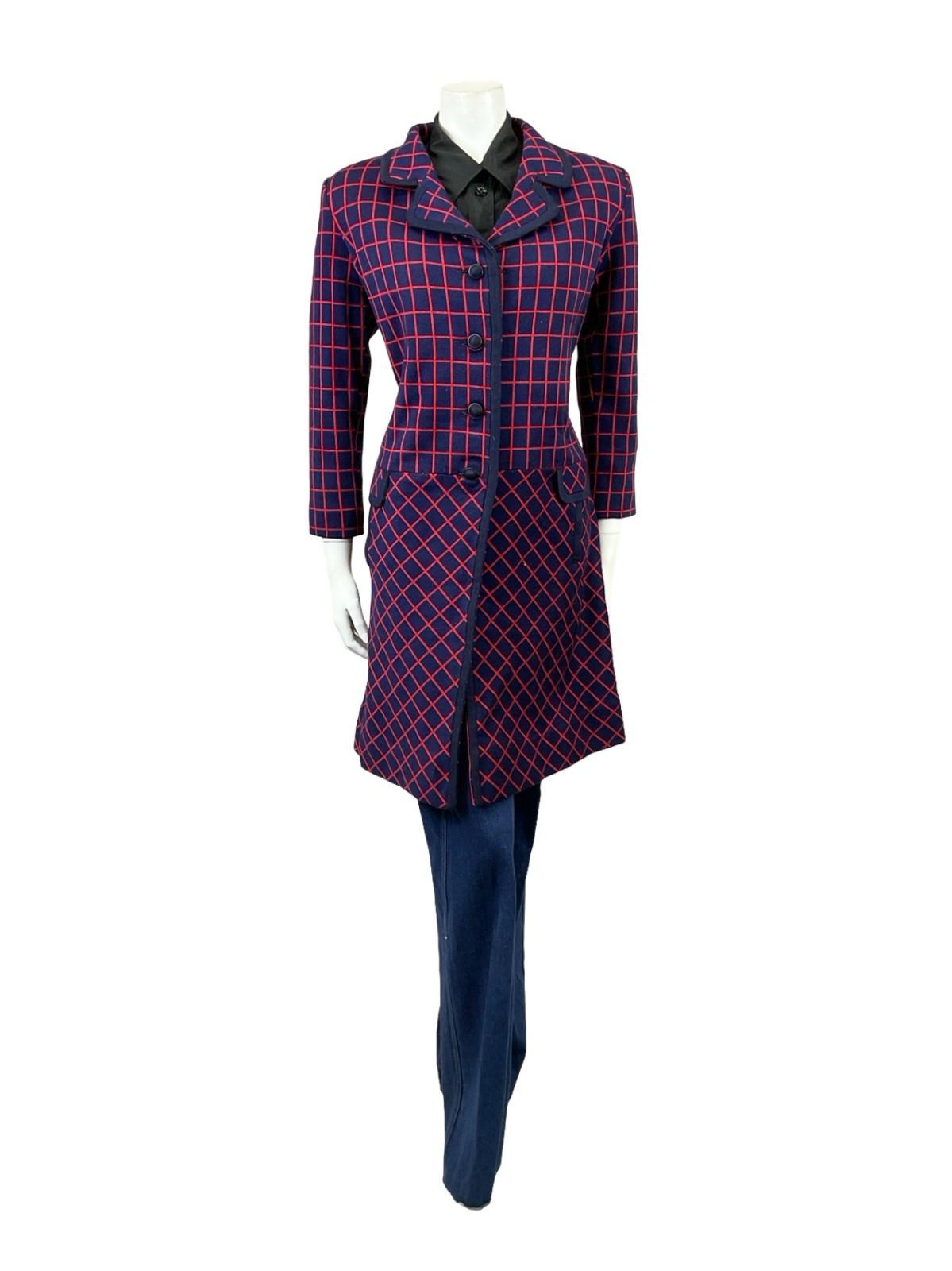 VTG 60S 70S NAVY BLUE RED GEOMETRIC GRID DROPPED WAIST MOD COAT 14