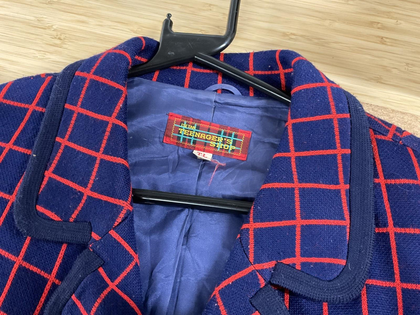 VTG 60S 70S NAVY BLUE RED GEOMETRIC GRID DROPPED WAIST MOD COAT 14