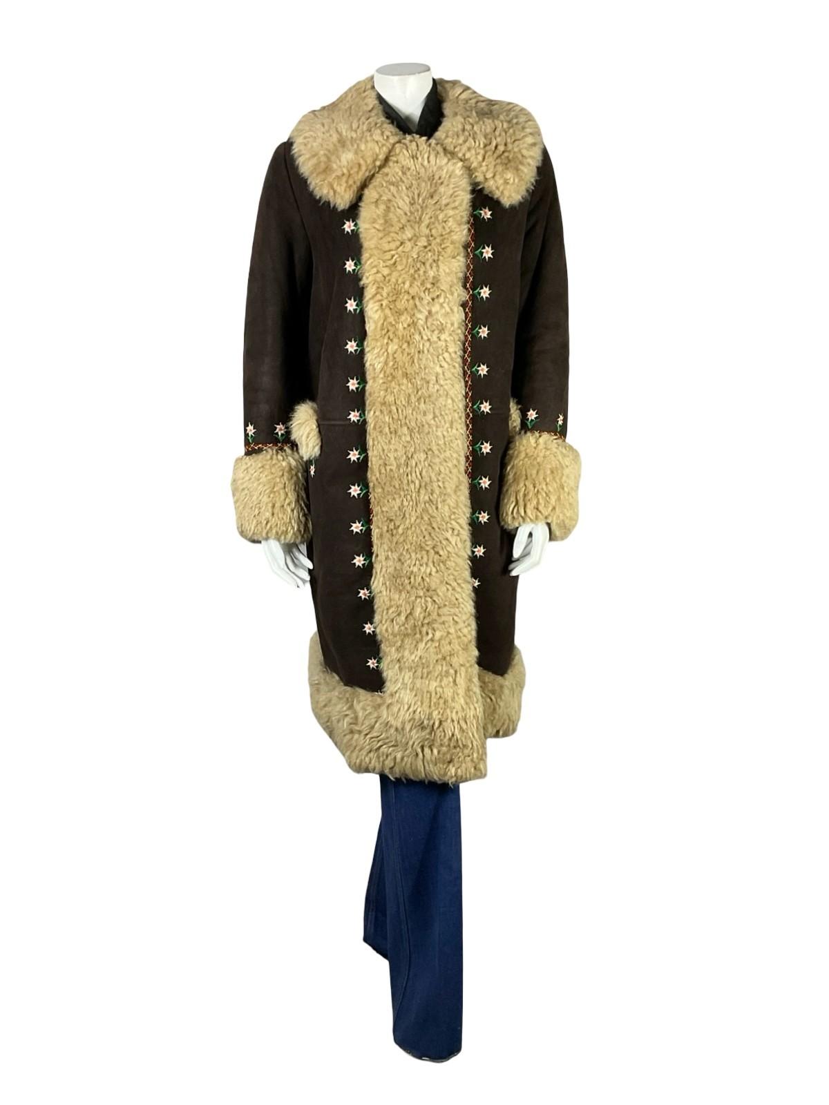 VTG 60S 70S DARK BROWN SUEDE CREAM SHEARLING FLORAL DAISY EMBROIDERY COAT 16