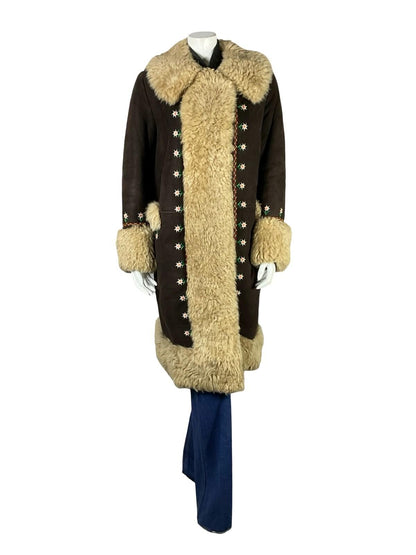 VTG 60S 70S DARK BROWN SUEDE CREAM SHEARLING FLORAL DAISY EMBROIDERY COAT 16
