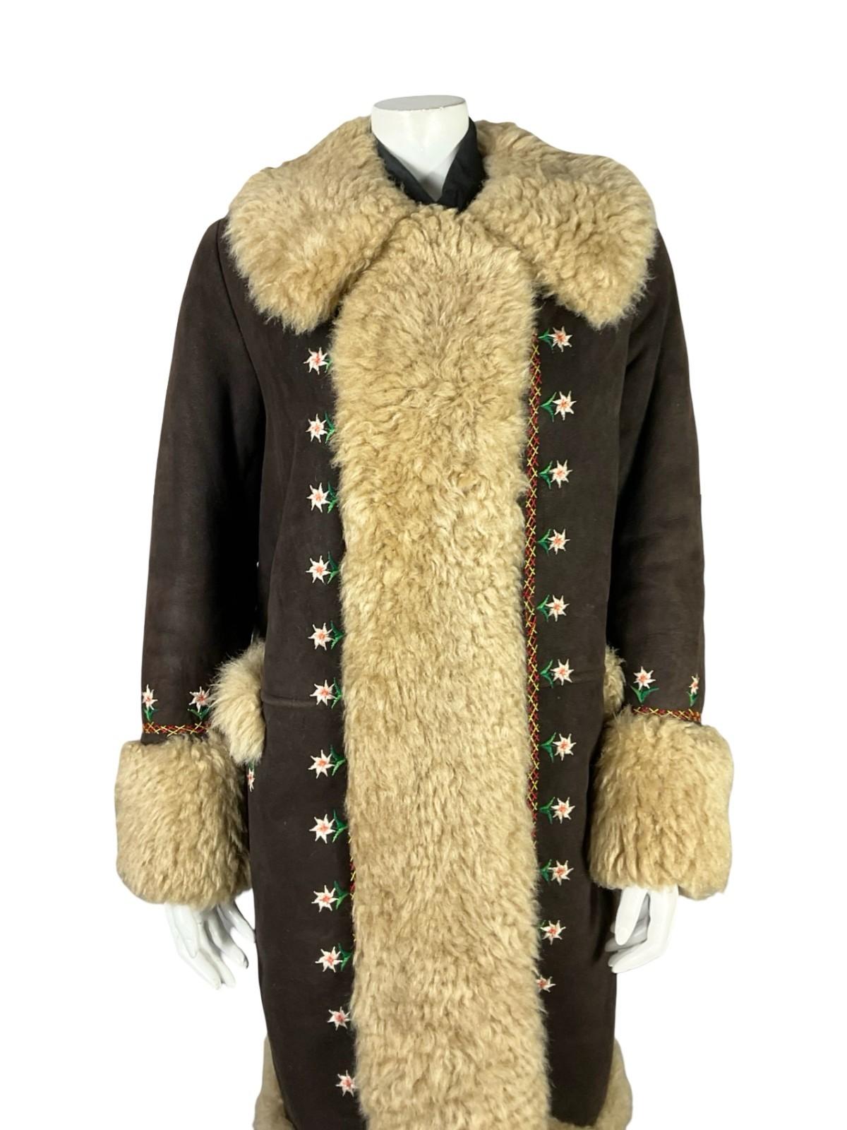VTG 60S 70S DARK BROWN SUEDE CREAM SHEARLING FLORAL DAISY EMBROIDERY COAT 16